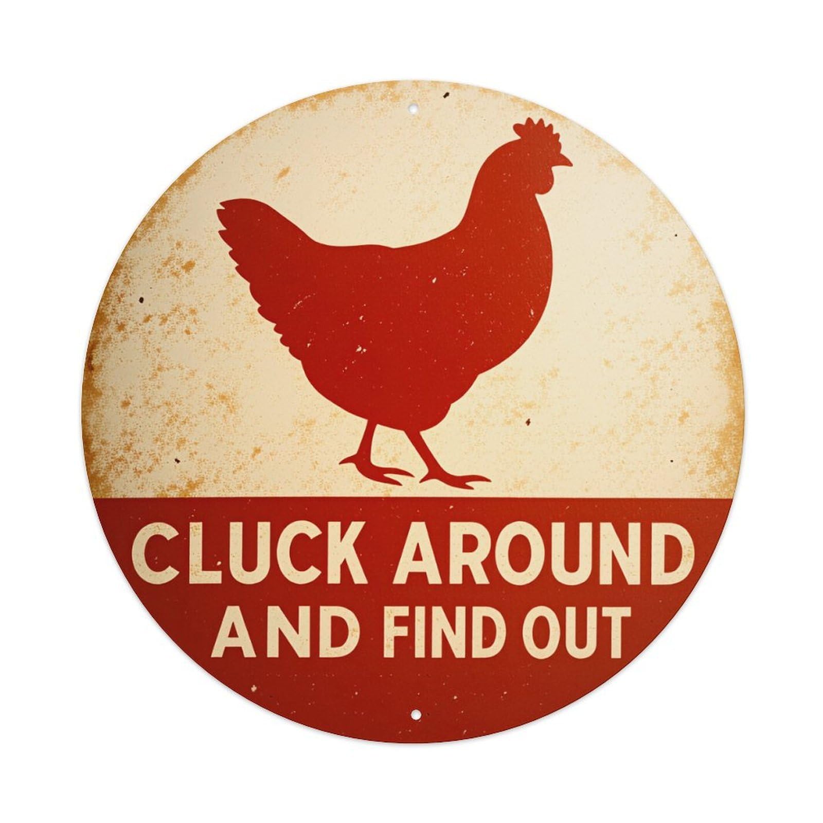 Chicken Silhouette Cluck Around Find Out Round Tin Sign Vintage Metal Poster Retro Bar, Home, Man Cave, Kitchen, Laundry Room Wall Art Decor Gift 8x8Inch