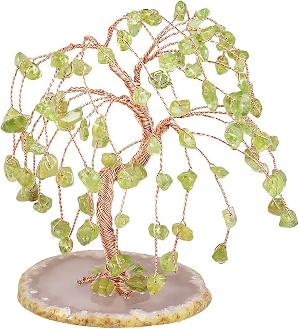 Nupuyai Peridot Crystal Tree for Home, Fengshui Bonsai Money Tree Wealth and Good Luck Office Decor, Agate Slice Base