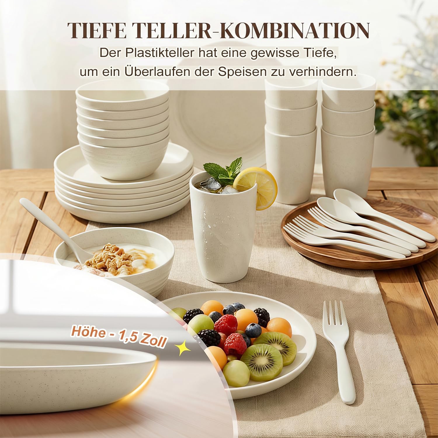 Wrova Wiederverwendbar Geschirr Set 48-Teiliges Teller Set 8 Personen