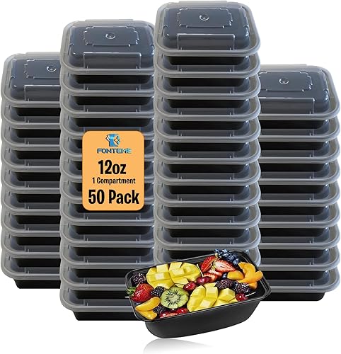 Paquete de 50 unidades de un solo compartimento para preparación de comidas, recipiente de 12 onzas con tapa hermética, apto para congelador,