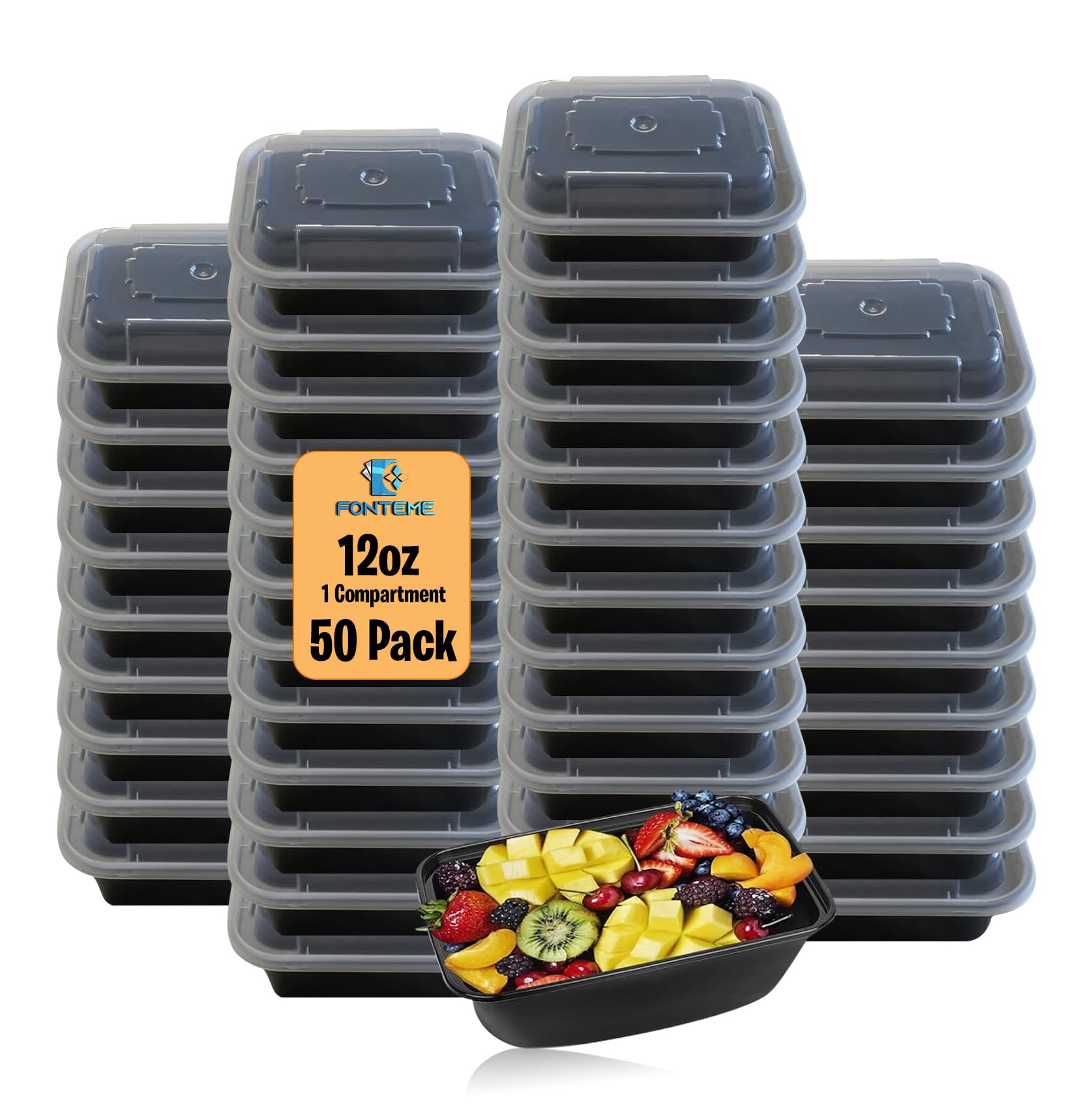 Paquete de 50 recipientes de 12 onzas con tapa hermética, apto para congelador, microondas y lavavajillas, apilable, sin BPA, contenedor de almacenamiento de comidas (negro)