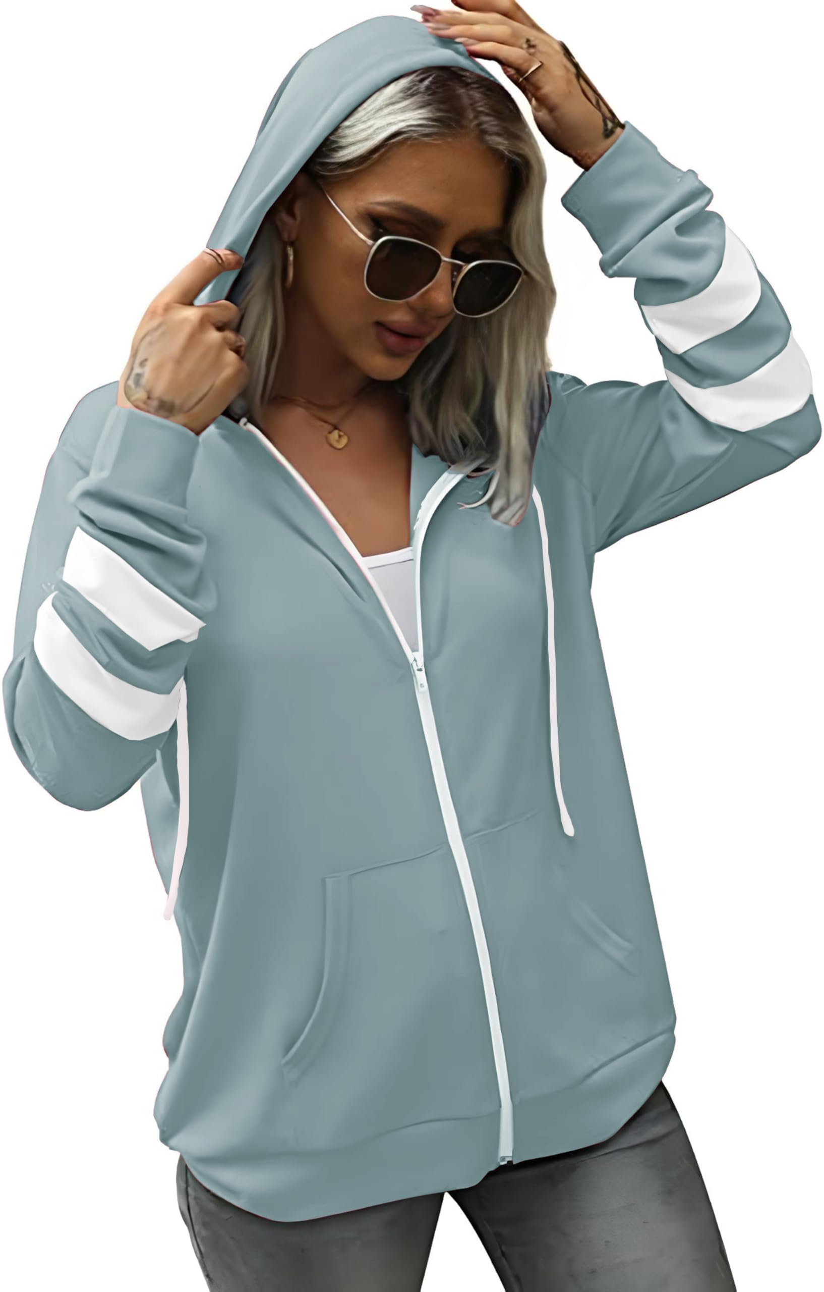 Jhsnjnr Veste de survêtement pour femme avec capuche à manches longues et fermeture éclair - Veste polaire de sport - Veste de jogging