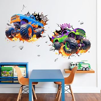 3D Racing Car Break Through Wall Dinosaur Truck Vehicles Decals