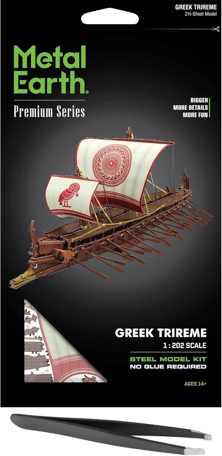 Fascinations Metal Earth Premium Series Greek Trireme Ship 3D Metal Model Kit Bundle with Tweezers