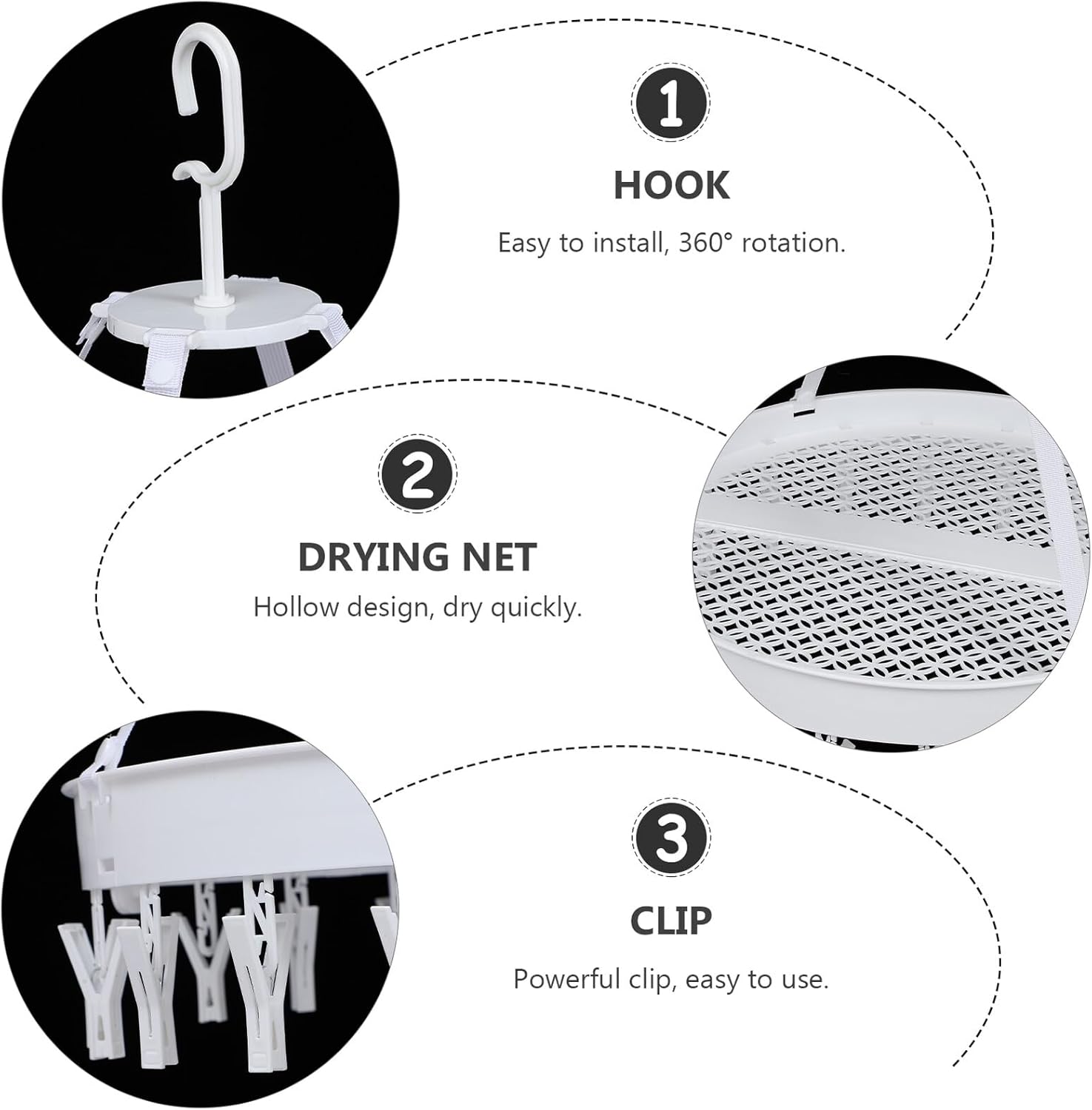 Foldable Windproof Clothes Drying Rack with Underwear and Socks Drying Hooks, Single-Layer White Laundry Hanger for Balcony and Indoor Use