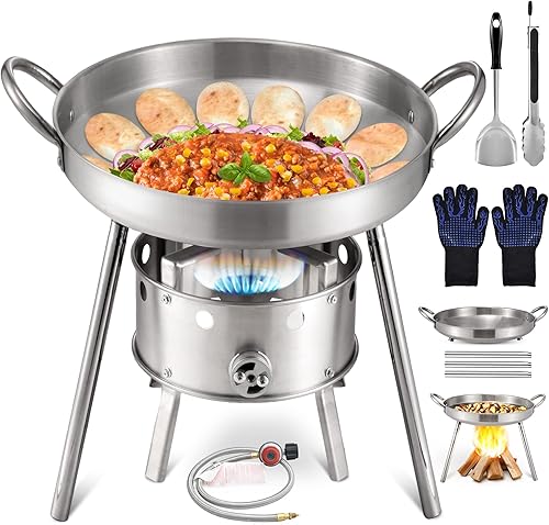 AOSION - Juego de comal de acero inoxidable de 21 pulgadas resistente con estufa de quemador de propano, cocina de disco de disco, parrilla grande