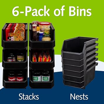 Akro-Mils ReadySpace Large Stackable Plastic Storage Bins, 6-Pack, Black