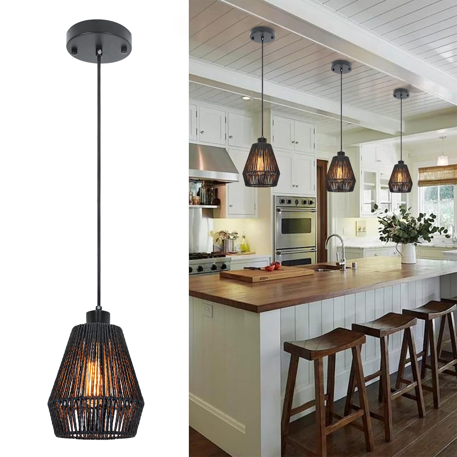 3 Pack Modern Woven Pendant Light Fixtures, 6.69" Black Rattan Pendant Light Fixture, Farmhouse Coastal Hanging Light, Boho Pendant Light for Kitchen Island Dining Room Bedroom Hallway