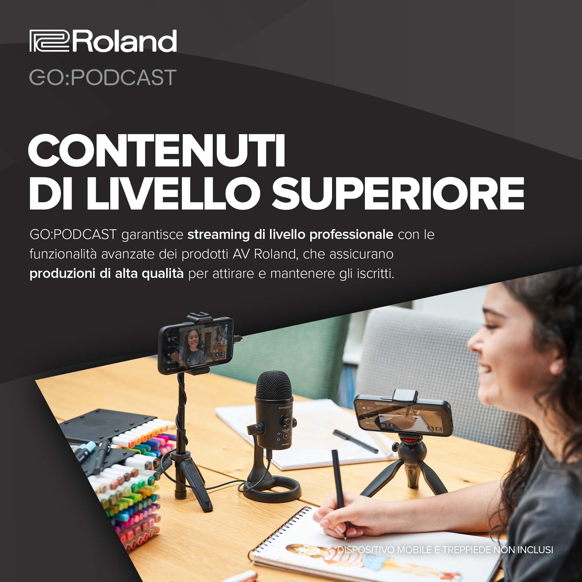 Roland GO:PODCAST Video Podcasting Studio per Smartphone | Sistema per il Livestreaming, Facile da Usare, per Podcaster, Vlogger e Altro | Video App Intuitiva | Microfono USB di Alta Qualità