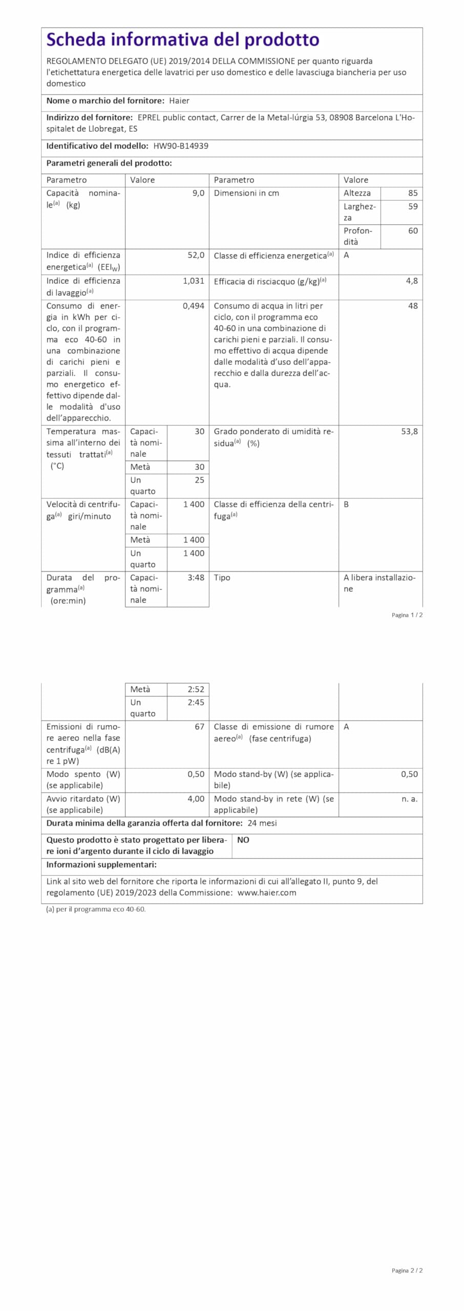 Haier I-Pro Series 3 HW90-B14939-IT Lavadora, 9 kg, 1400 vueltas, I-Refresh, tratamiento antibacteriano, báscula interior, clase A, 60 x 60 x 85 cm, color blanco