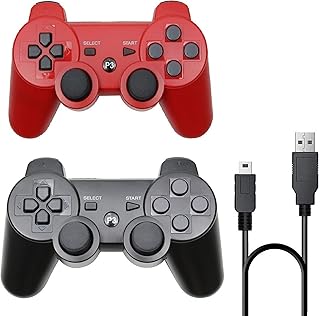 2 Pack PS3 Wireless Controller Playstation 3 Controller Wireless Bluetooth Gamepad with USB Charger Cable for PS3 Console (Black+Red)