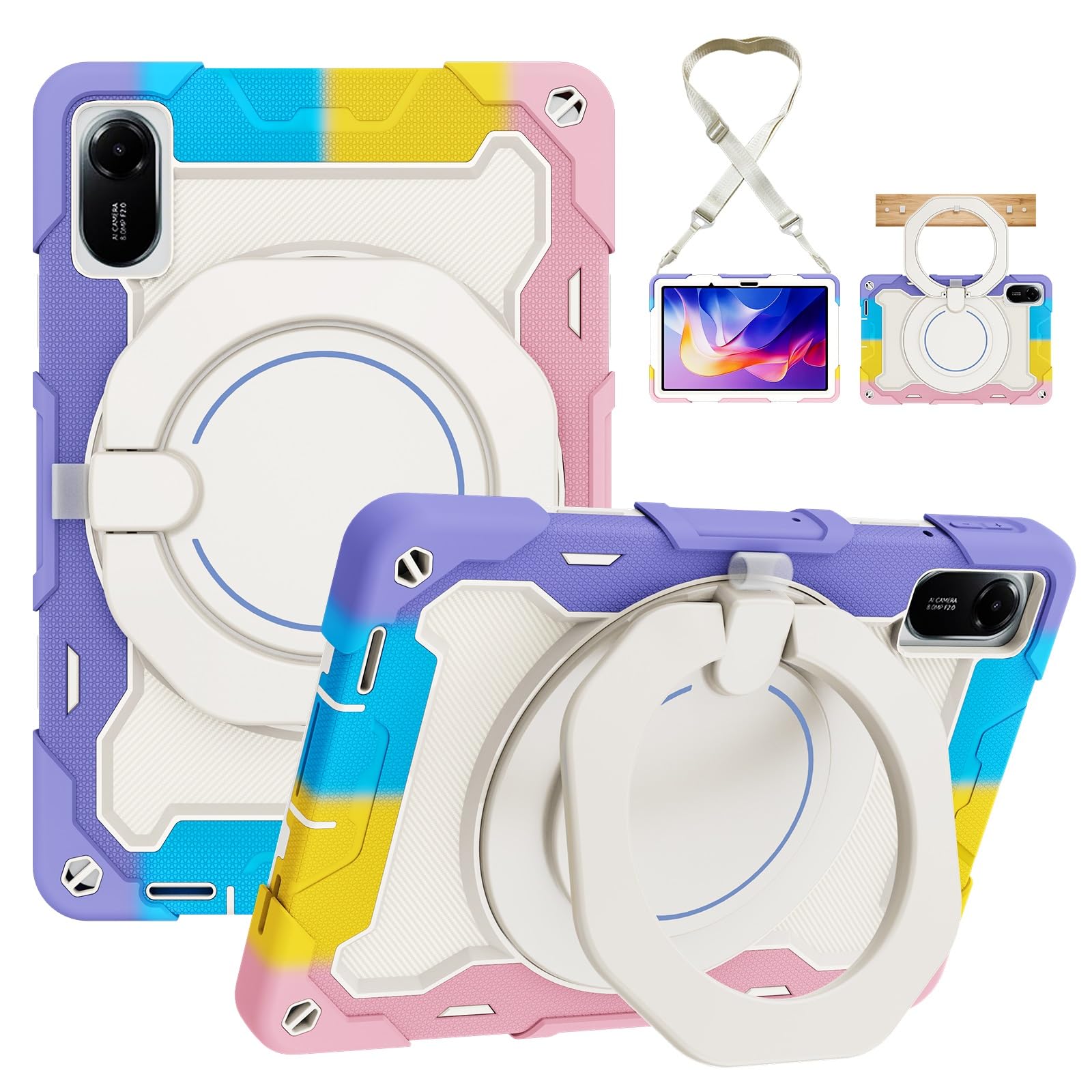Wytrzymałe etui ochronne do Xiaomi Redmi Pad 2 11 cali 2025, podstawka obrotowa 360°, pasek na ramię, uchwyt ołówek i pierścień uchwytu, odporna wstrząsy osłona dla dzieci dorosłych(Pink Purple)