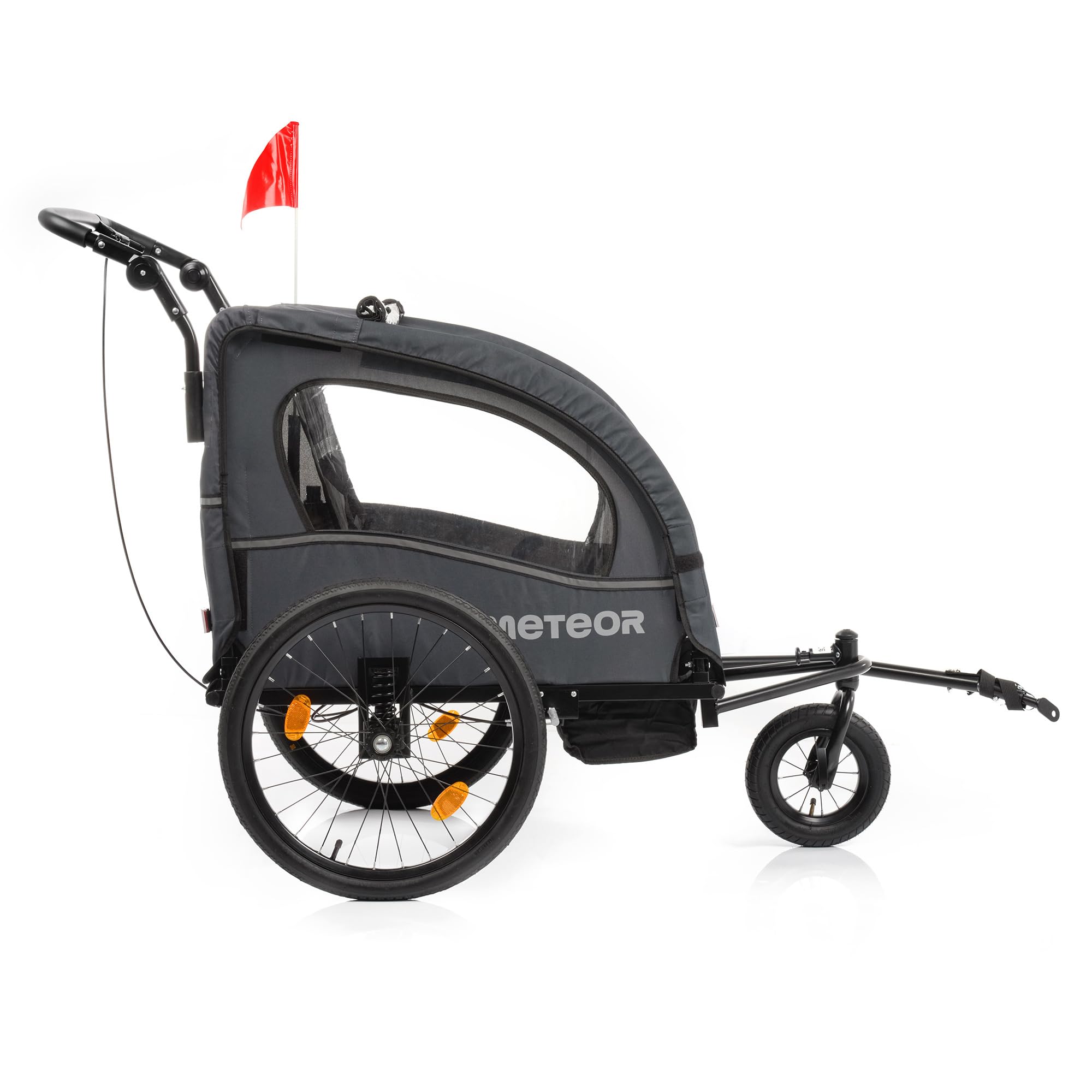 meteor Kinderfahrradanhänger 2 in 1 Fahrradanhänger und Jogger für 2 Kinder bis 44 kg ab 18 Monaten mit Regenverdeck Sicherheitsfahne Reflektoren Handbremse Stauraum Stahlrahmen Grau BX-50