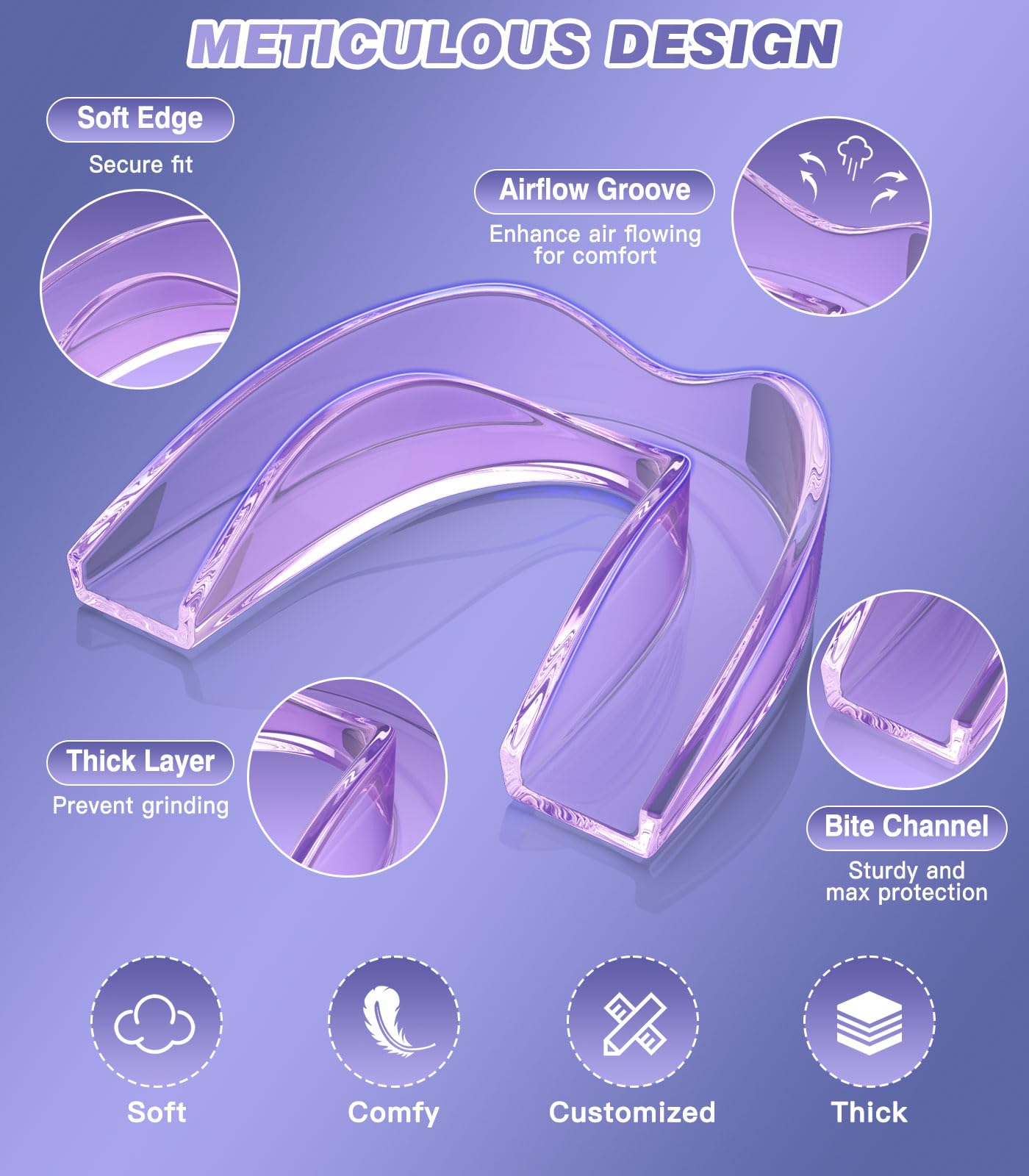Litlcutie Protector Bucal para el Rechinamiento de los Dientes por la Noche, Protectores Nocturnos para el Rechinamiento de los Dientes con Estuche de Espejo 2x 5X,4 Paquetes, Morado — view 2