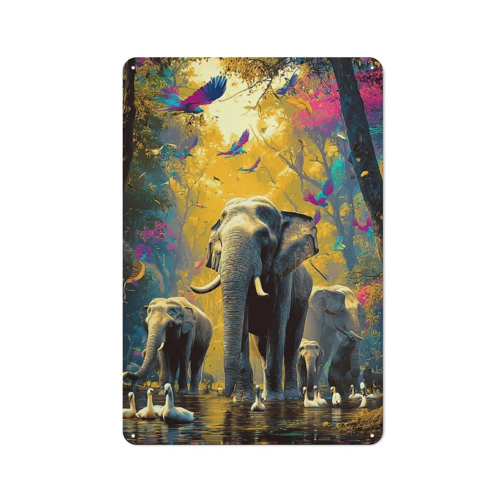 Junmoney Colorful Elephant Gathering In Nature Modern Vintage Metal Desk Wall Sign 30X20cm, Office Wall Decor For Office, Study, Studio Or Hallway