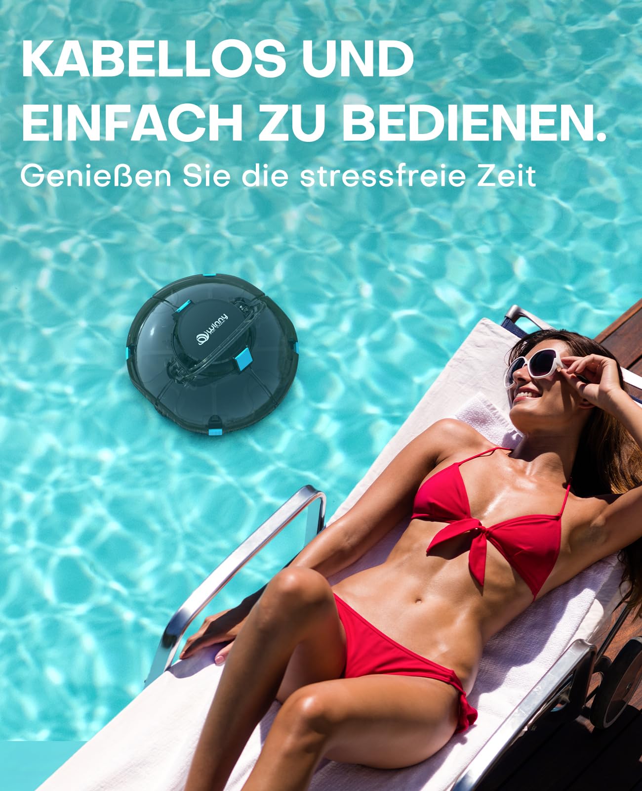 WINNY POOL CLEANER Winny 200 Poolroboter, Poolsauger kabellos mit Akku, 75 Min. Laufzeit, für Aufstellpools bis 60 m², Doppelfiltration, Automatisches Parken, Kompakt Leicht (Transparentes Schwarz)