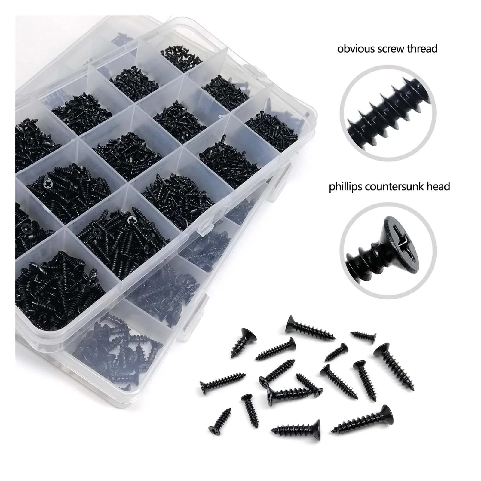 1 Kit de tornillos autorroscantes for madera de cabeza avellanada plana en cruz de acero negro, surtidos M1 M1.2 M1.4 M1.7 M2 M2.6M3 M4(Set D 2010pcs)