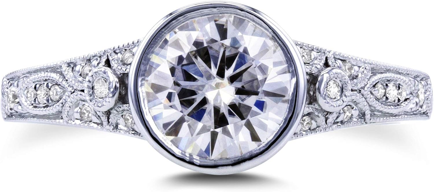 Kobelli Round Moissanite Bezel Vintage Style Engagement Ring 1 CTW in 14k White Gold