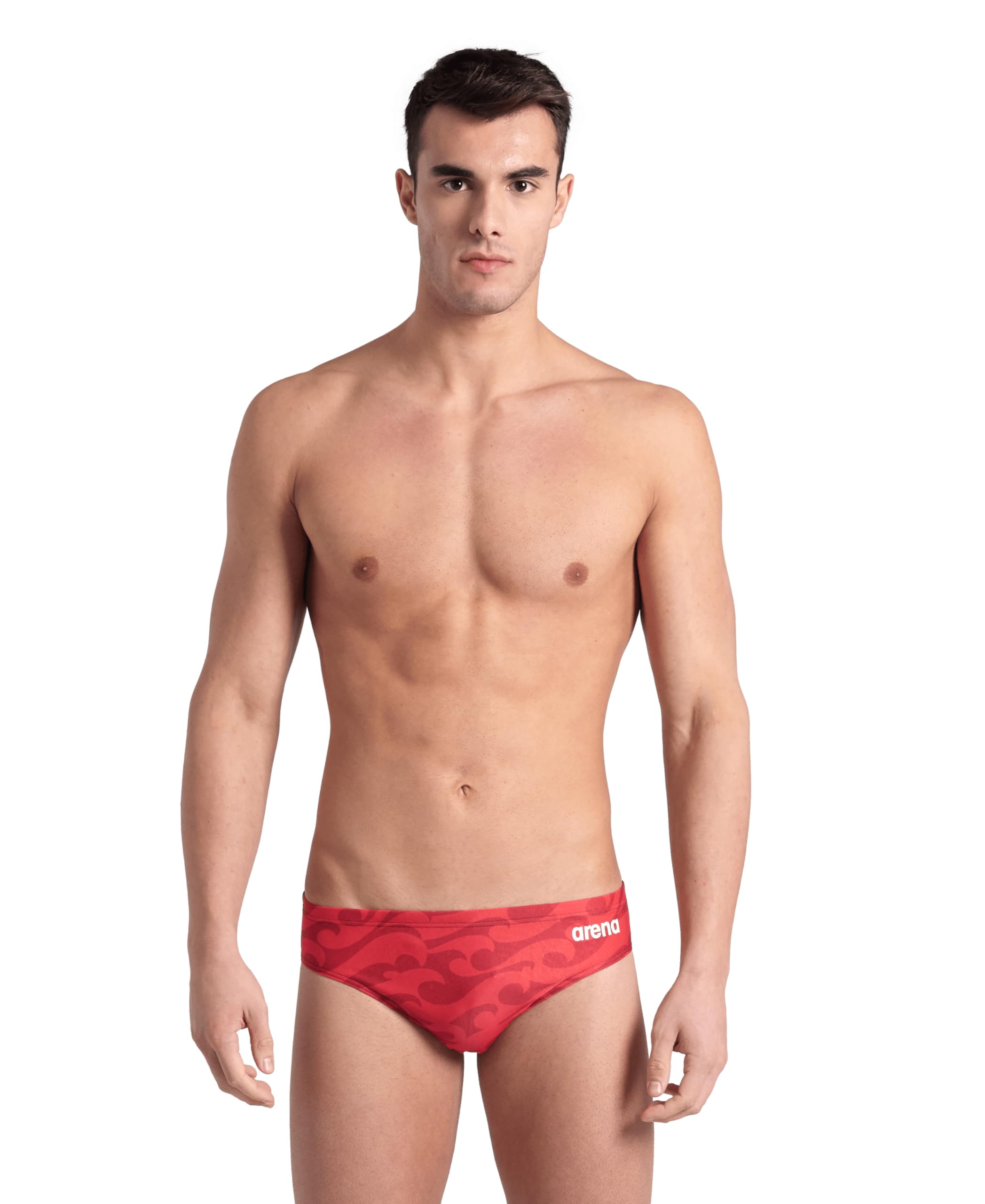 Photo 1 of ARENA Men’s Swim Brief Surf's Up II Team Print MaxLife Athletic Swimwear Professional Training Swimsuit Sports Bathing Suit, Black/Team Red, US Size 22