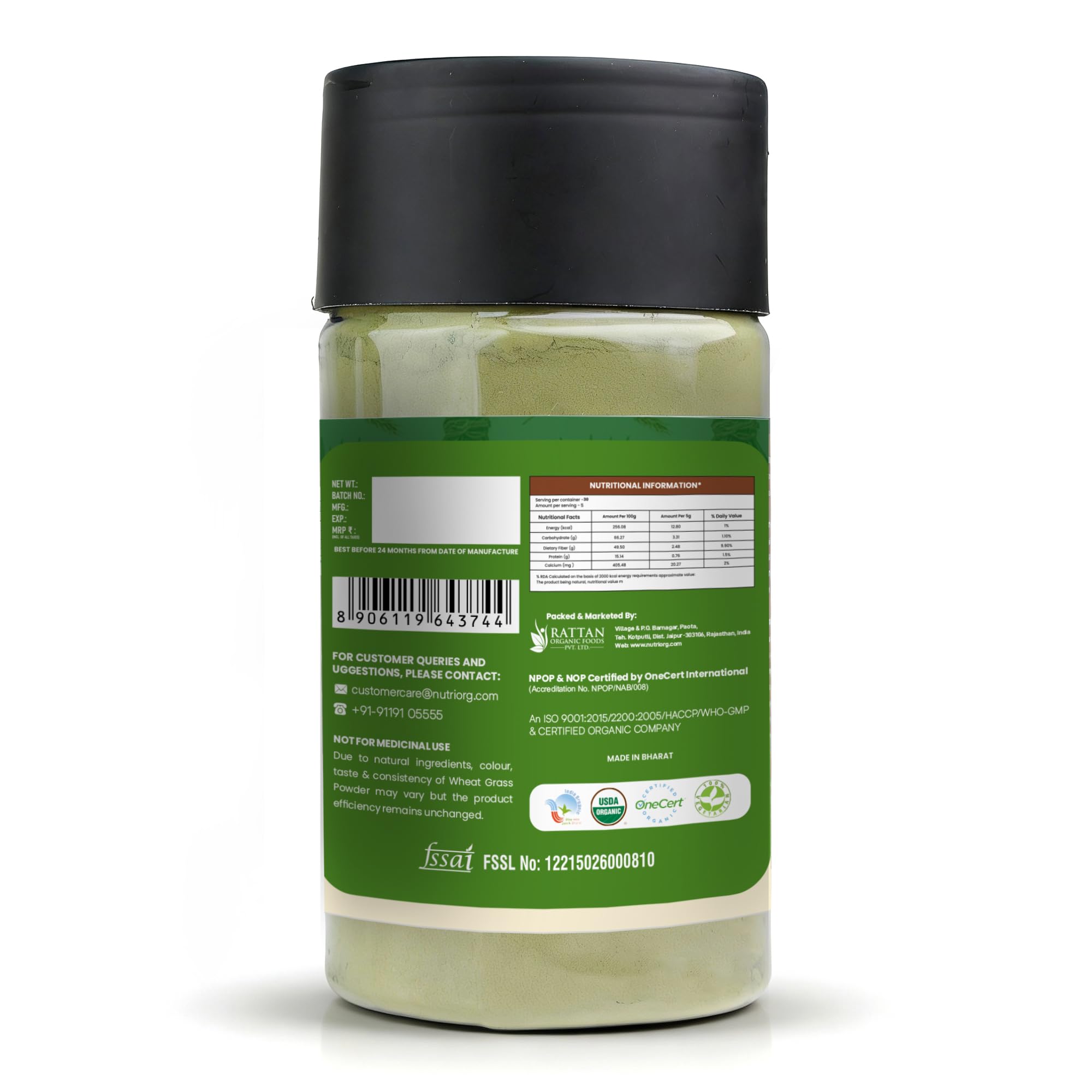 nutriorg Organic Wheat Grass Powder 75g | 100% Whole-Leaf Wheat Grass Powder for Energy, Detox & Immunity Support, Chlorophyll Providing Greens