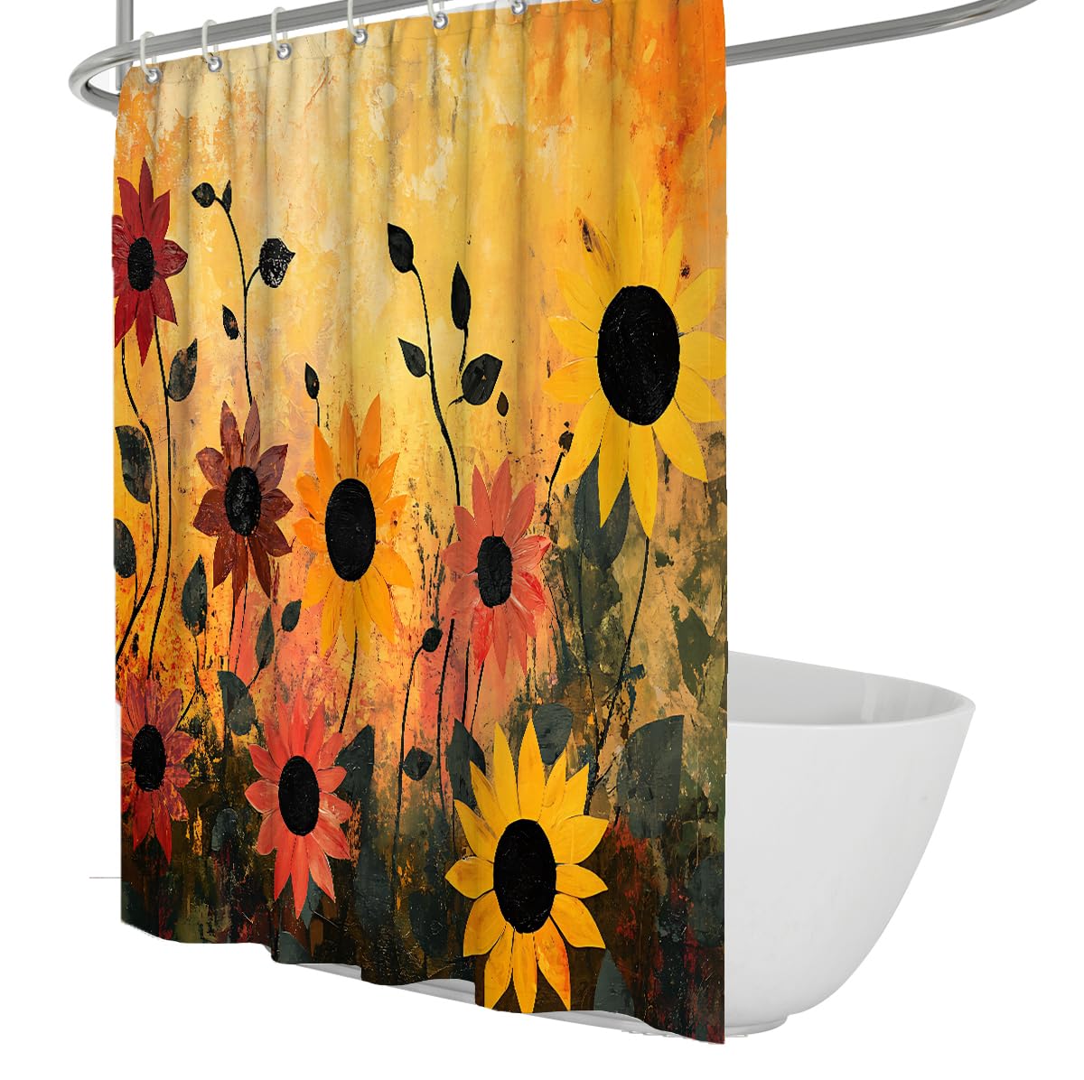 Warmer Herbst-Sonnenblumen-Duschvorhang Lebendige Blumen und Vintage-Ästhetik Badezimmerdekoration Eleganter Badevorhang mit Haken Wasserdichter Stoff 180 x 180 cm