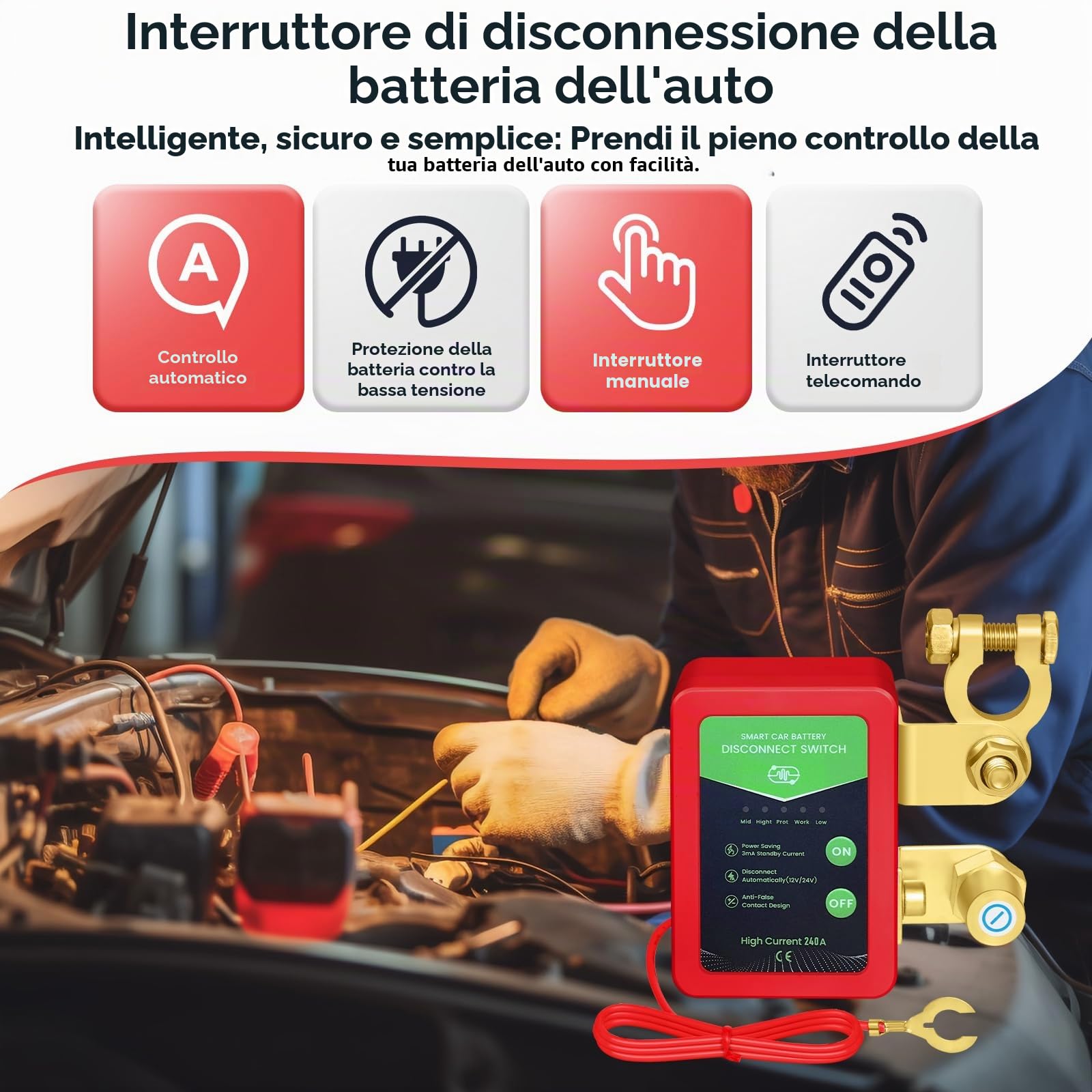 Stacca Batteria per Auto 12V 240A, Interruttore di Isolamento della Batteria Staccabatteria Automatico Antifurto Auto Senza Fili con Telecomando per Auto RV ATV Camion Barca Trattore