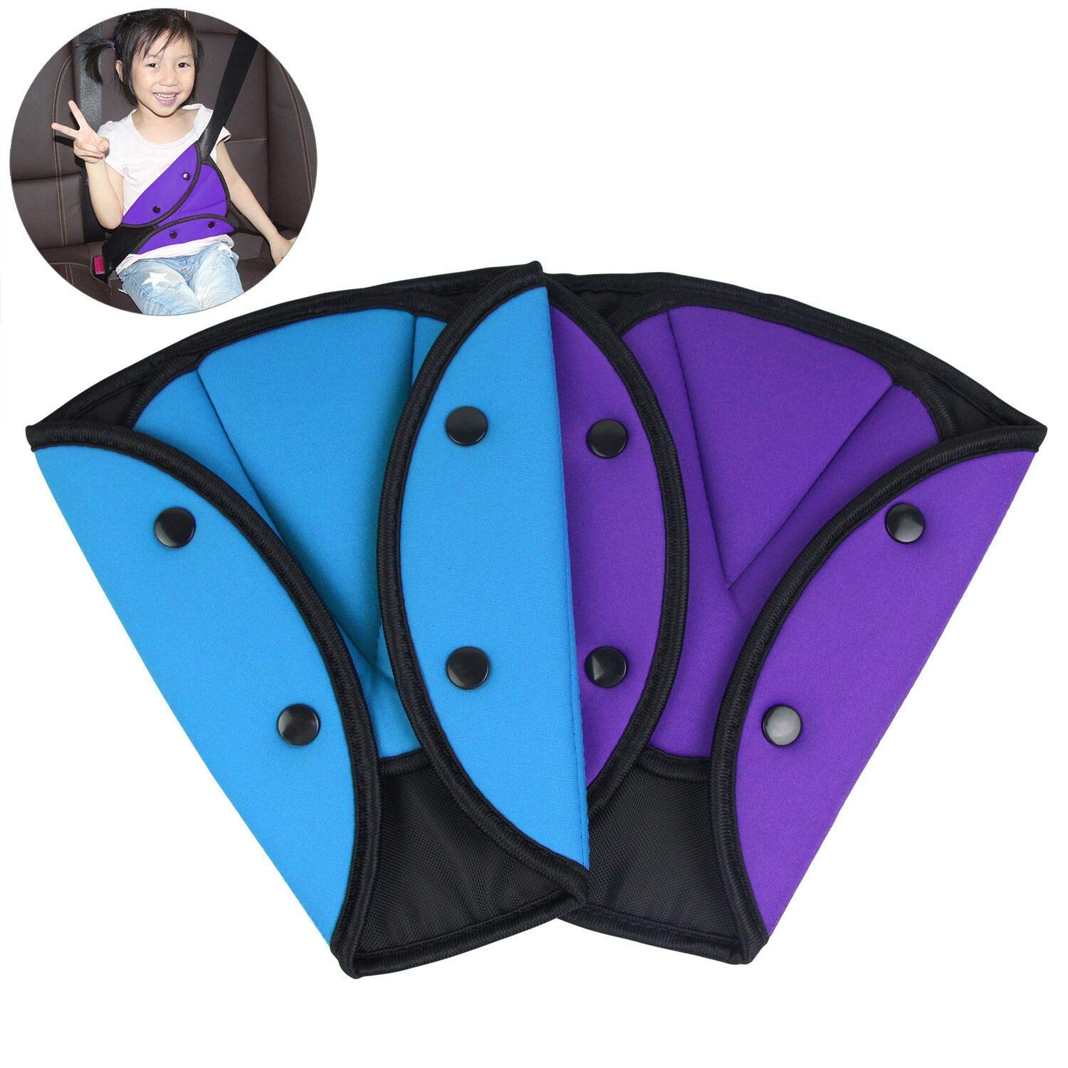 2 Pack Car Safety Kids Seatbelt Adjuster Cover Strap Mash Shoulder Pad Children Seat Belt Clips Purple + Blue
