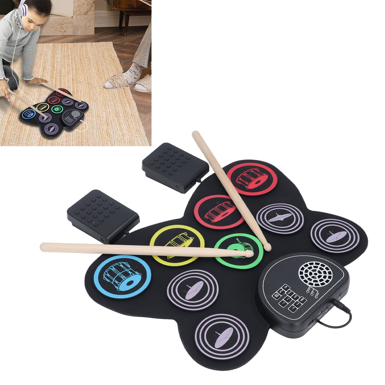 Set di batterie elettriche avvolgibili, pad per batteria elettronico colorato con pedali e bacchette
