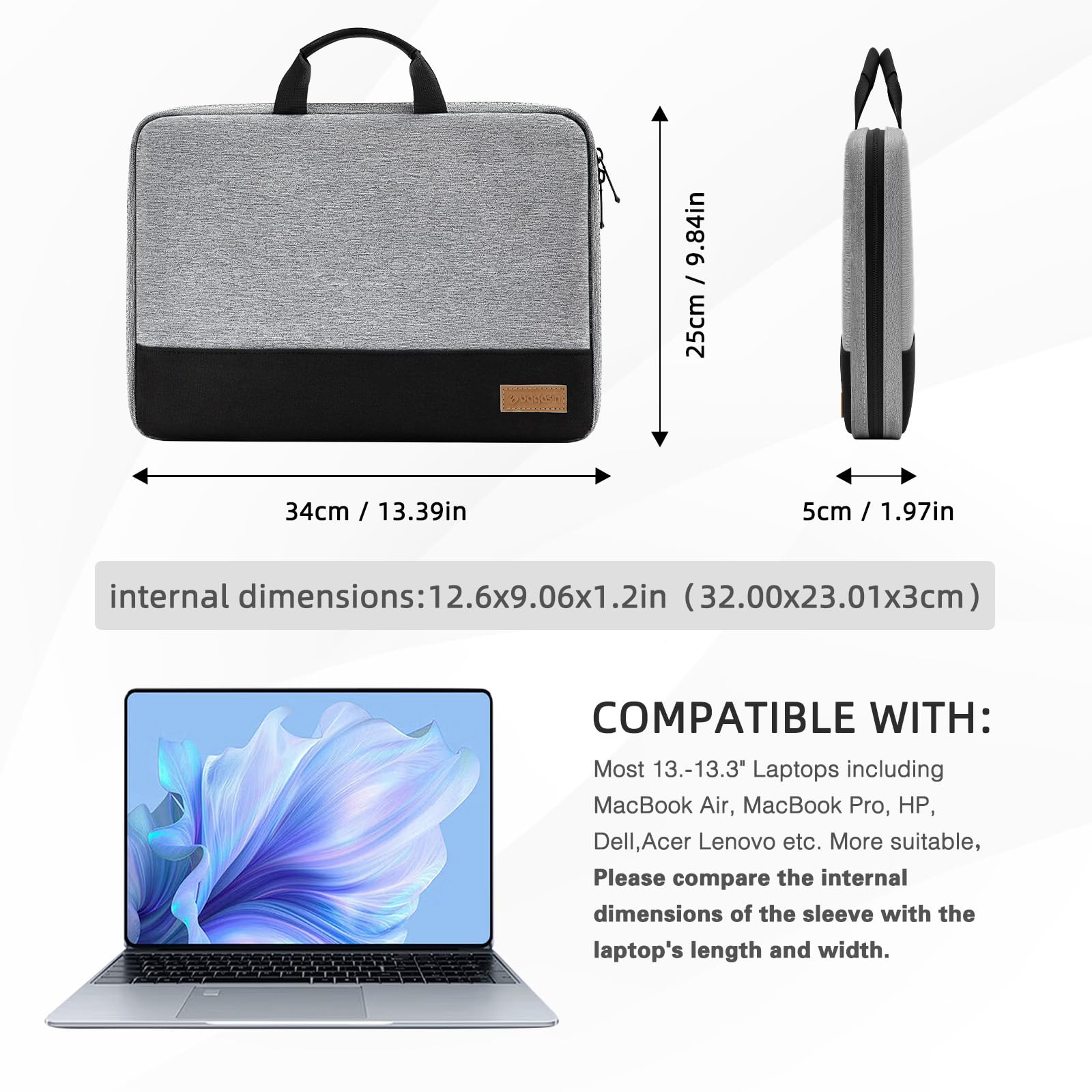 bagasin Custodia Borsa Porta PC, 13 13,3 Pollici Sleeve per Laptop TSA Resistente all'Acqua, Borsa/Caso da Trasporto per Computer Compatibile con MacBook, HP, Dell, Lenovo, Asus Notebook