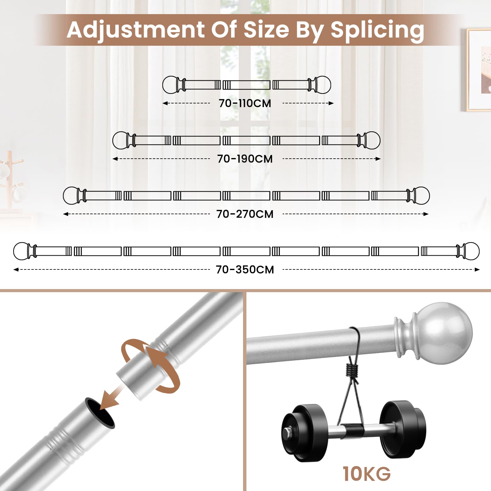 DAKEPOLE Bastone per tende estensibile da 70 a 210 cm, asta per tende nera opaca da 16 mm, con supporti, adatta per camera da letto, soggiorno e cucina