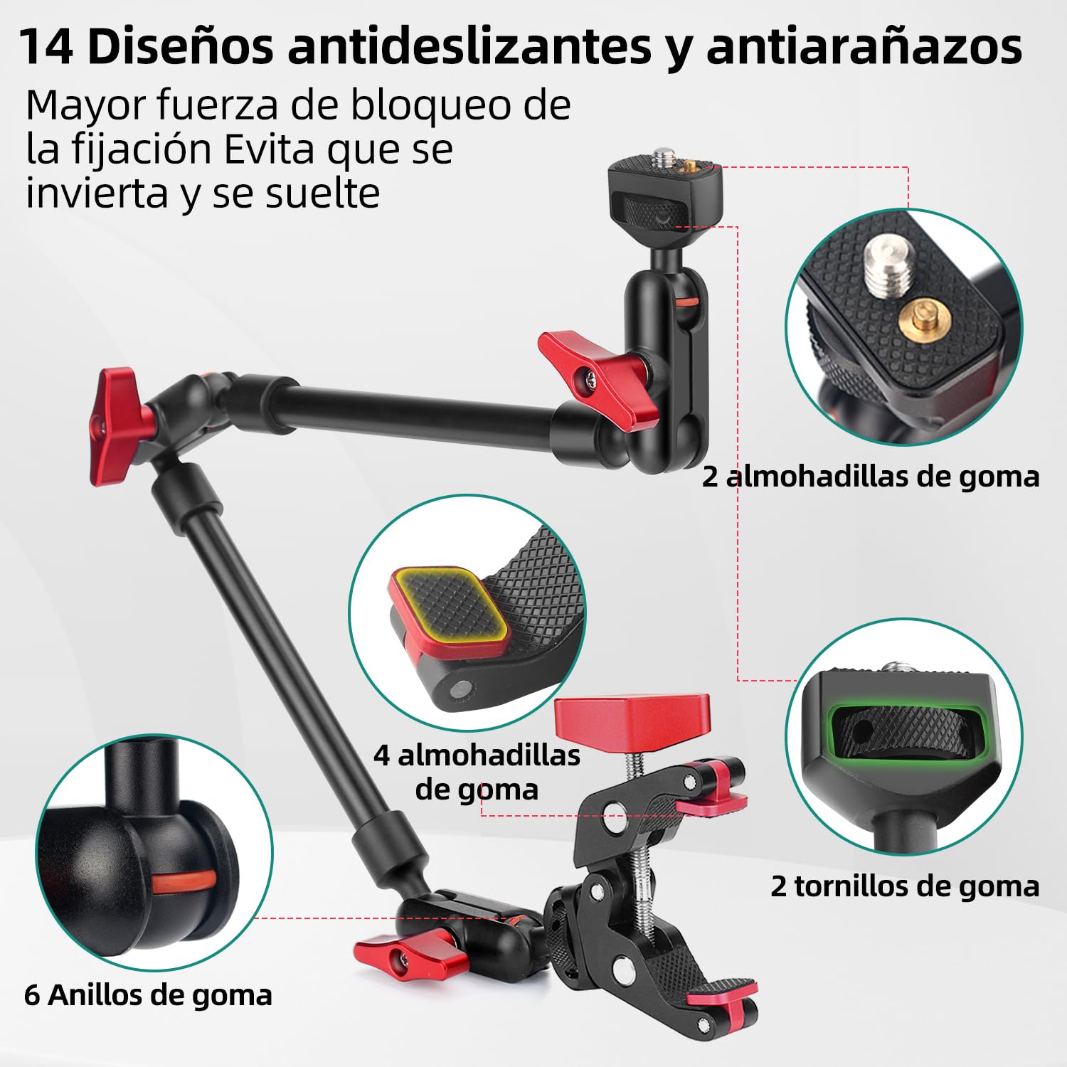 Brazo Mágico de 57 cm/22 con Superabrazadera, Montaje y Abrazadera Flexible de 360°, Soporte para Teléfono Móvil, Brazo Articulado con Rosca de 1/4 Pulgadas para Smartphone, Cámara de Acción