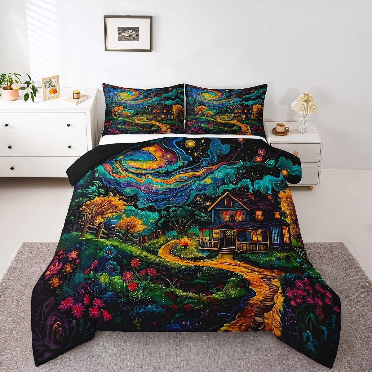 Boho Galaxy Kids Bedding Comforter Set Toddler Size,Cartoon Starry Sky Bedding Sets All Season,Dreamy Farmhouse Oil Painting Bedroom Quilt Set,Nattural Landscape Duvet Insert,1 Pillowcase