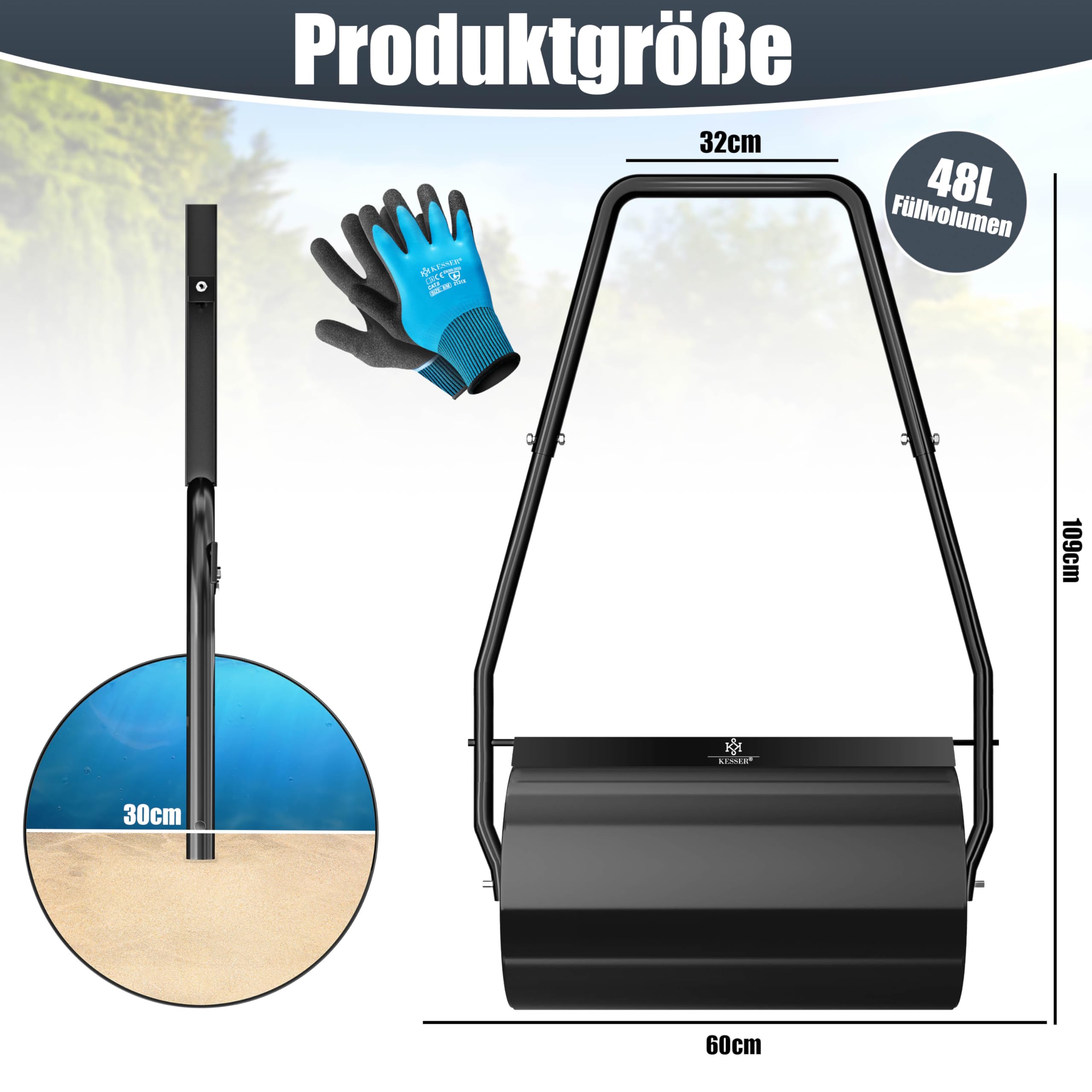 KESSER® Rasenwalze Metall befüllbar mit Wasser oder Sand mit 48 Liter Füllvolumen & 60cm breit | Gartenwalze inklusive Handschuhe | Handwalze Rasenroller Ackerwalze Walze in Schwarz
