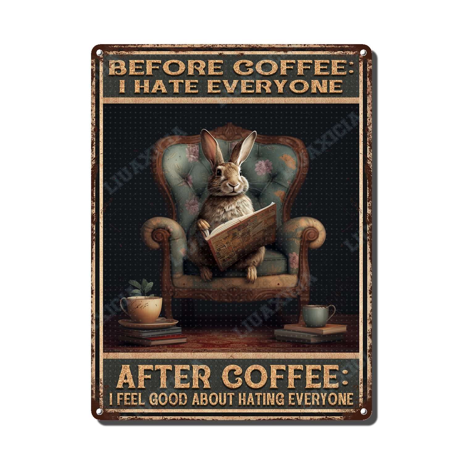 peiyeety Metal Tin Sign Before And After Coffee Rabbit Vintage Decorative Wall Art,Retro Funny Coffee Lover Rustic Plaque for Home Kitchen Living Room Office,8x12 Inch