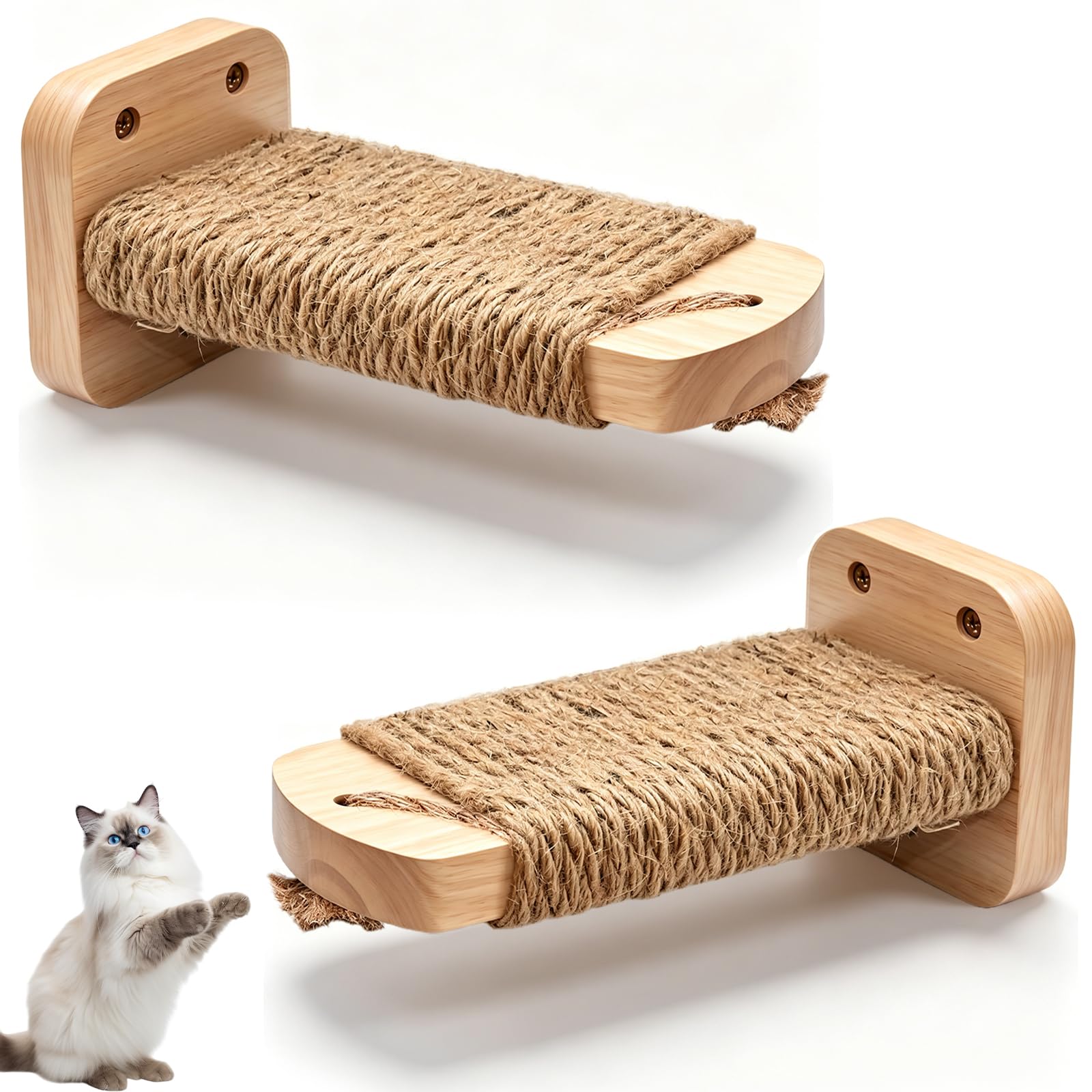 Lot de 2 escaliers muraux pour chat, mur d'escalade, planches pour chat avec corde de jute à gratter, plateforme pour chat en bois d'hévéa massif, pour escalade, jeu, capacité de charge maximale de 35