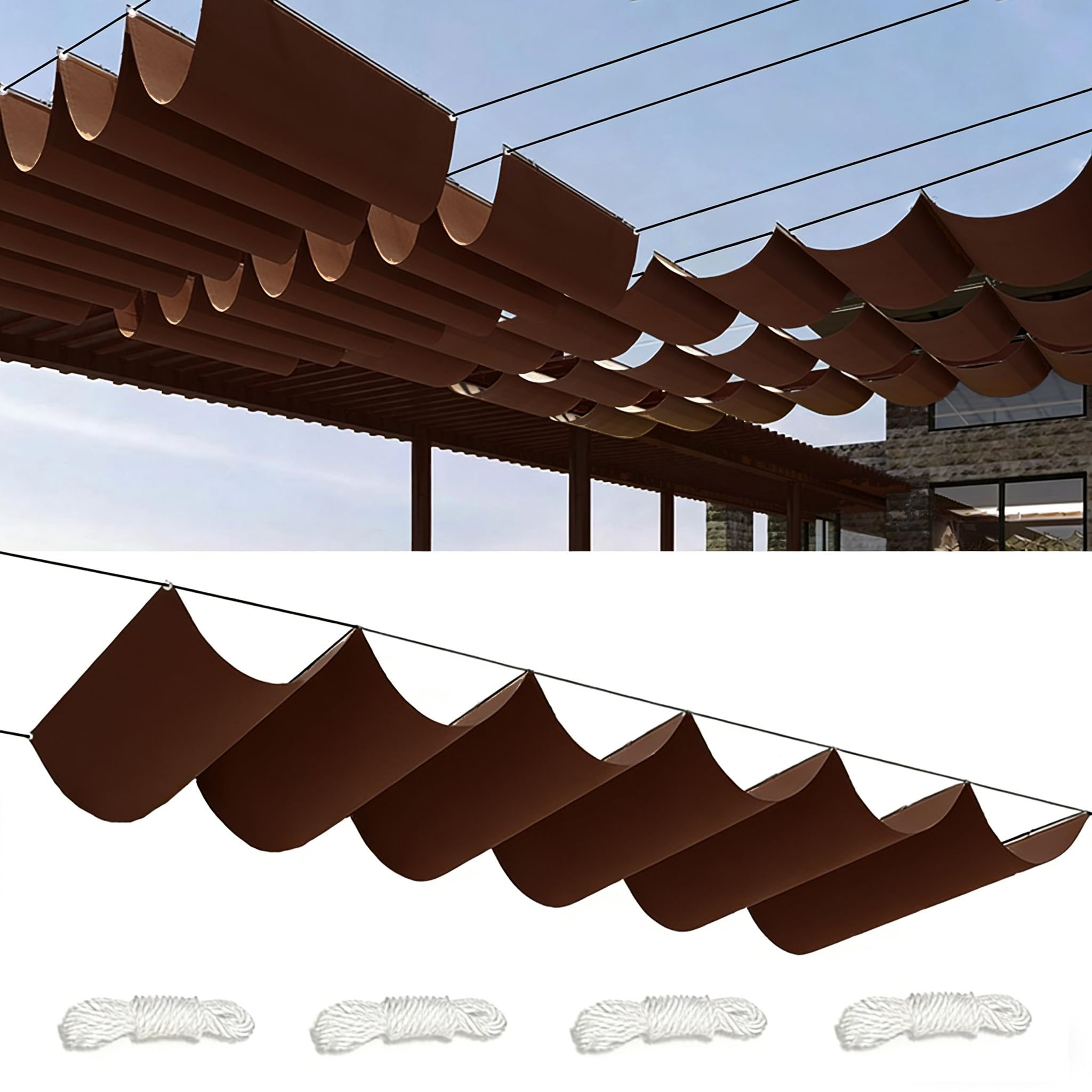 Sun Shade Sail Retractable Wave 3.4x5M Waterproof Rectangle Shade Cloth Waterproof Outdoor Garden Patio Sunscreen Awning Canopy 95% UV Block with Rope for Outdoors Garden Patio Brown