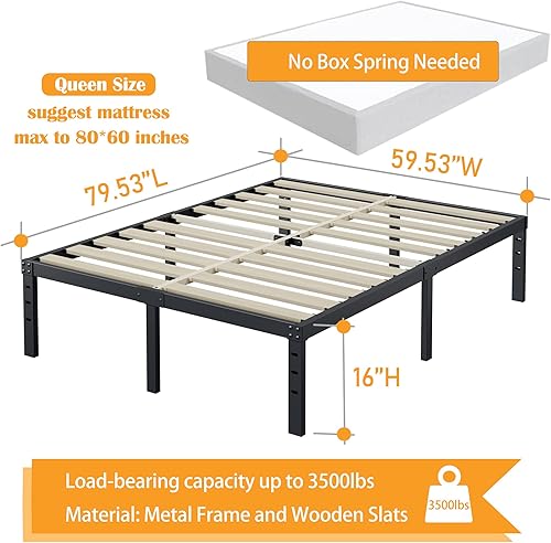Miniatura 22 de ZIYOO Base de cama tamaño Queen de 18 pulgadas de alto, listones de madera de 3 pulgadas de ancho con soporte de 3500 libras para colchón de espuma,