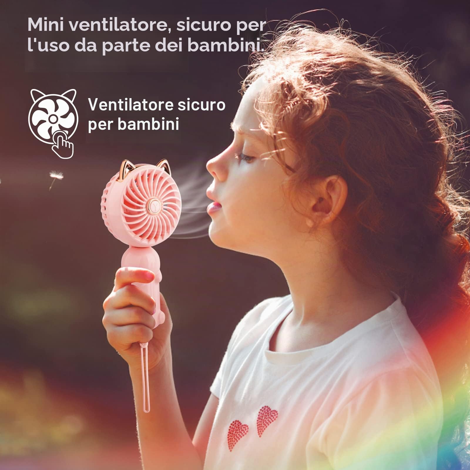 JYPS Mini Ventilatore Portatile, USB Ricaricabile con Batteria e 3 Velocità, Elettrico Ventilatore a Mano per Ragazze/Bambini/Viaggi all'aperto, Mini Portable Fan Forte Vento, Pieghevole