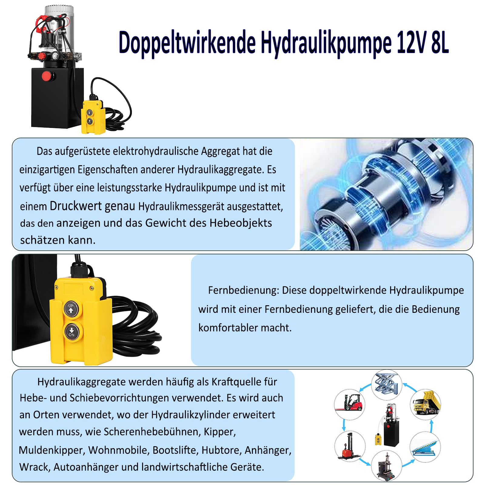 6/8/10 Quart 12V Hydraulikpumpe Doppeltwirkend Aggregat für LKW Anhänger, Schneller Start, Schnelle Ölabgabe (8L)