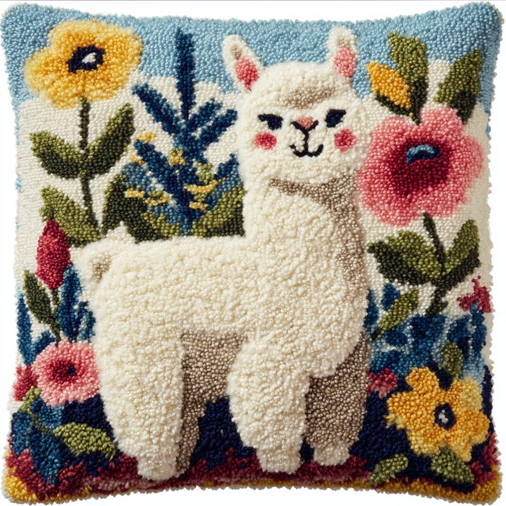 AxiangziK Latch Hook Pillow Kit for Adults,Alpaca 43X43Cm Handmade Embroidery Kits,Cross Stitch Sofa Cushion Cover with Crochet Yarn for Beginners and Home Decor
