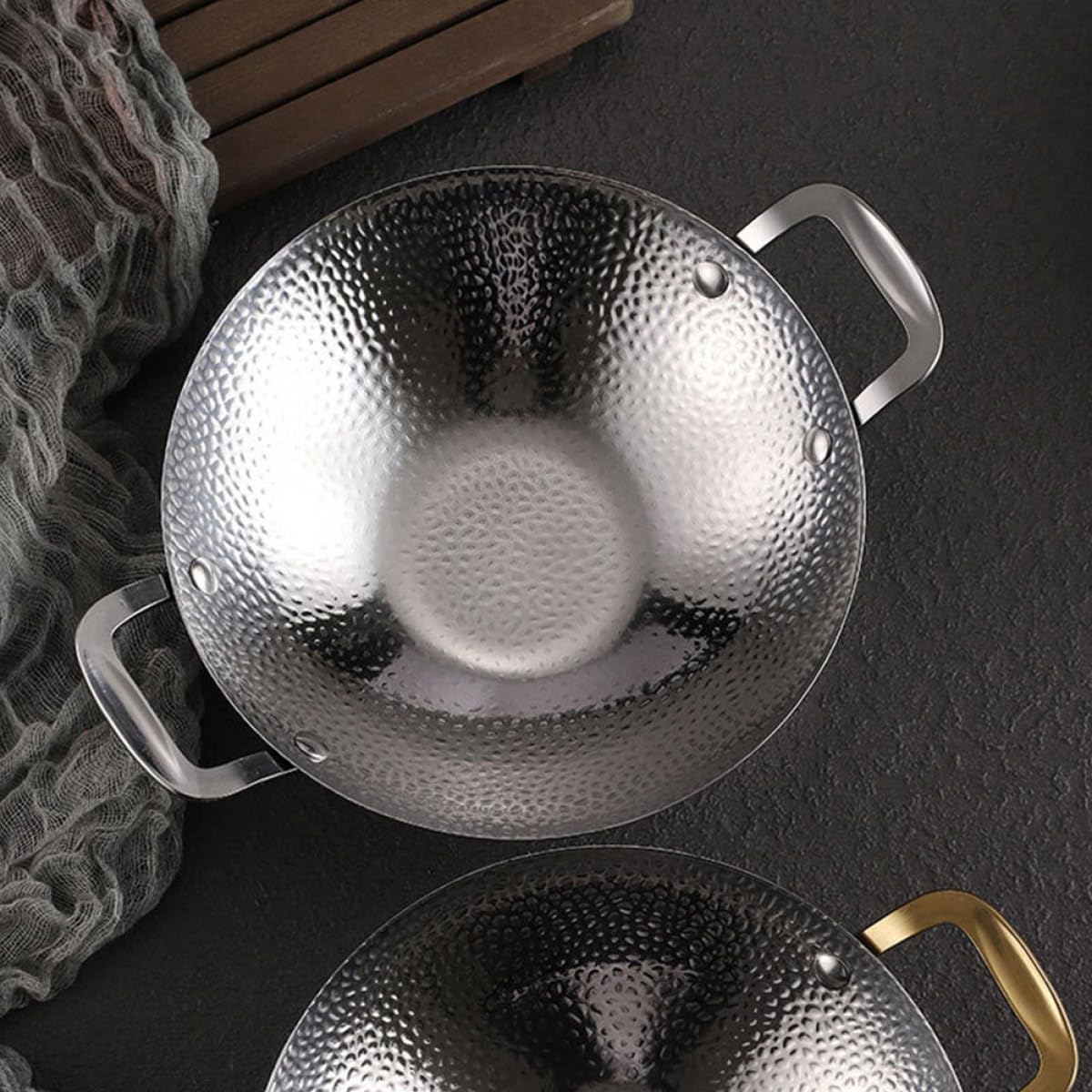 PACKOVE Wok in Acciaio Inossidabile con Doppia Maniglia e Rivestimento Antiaderente, Pentola per Cucina Domestica e Barbecue, Facile da Trasportare e Resistente