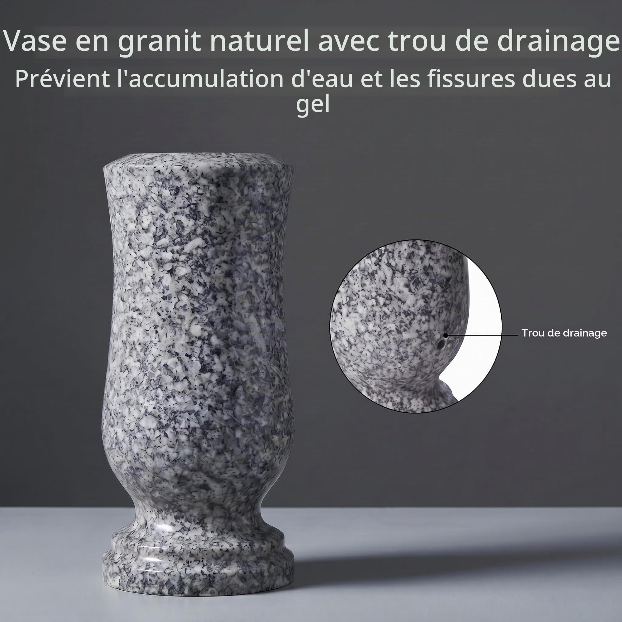 Vase funéraire en granit, 25,5 cm de hauteur, poli, avec trous de drainage (1)