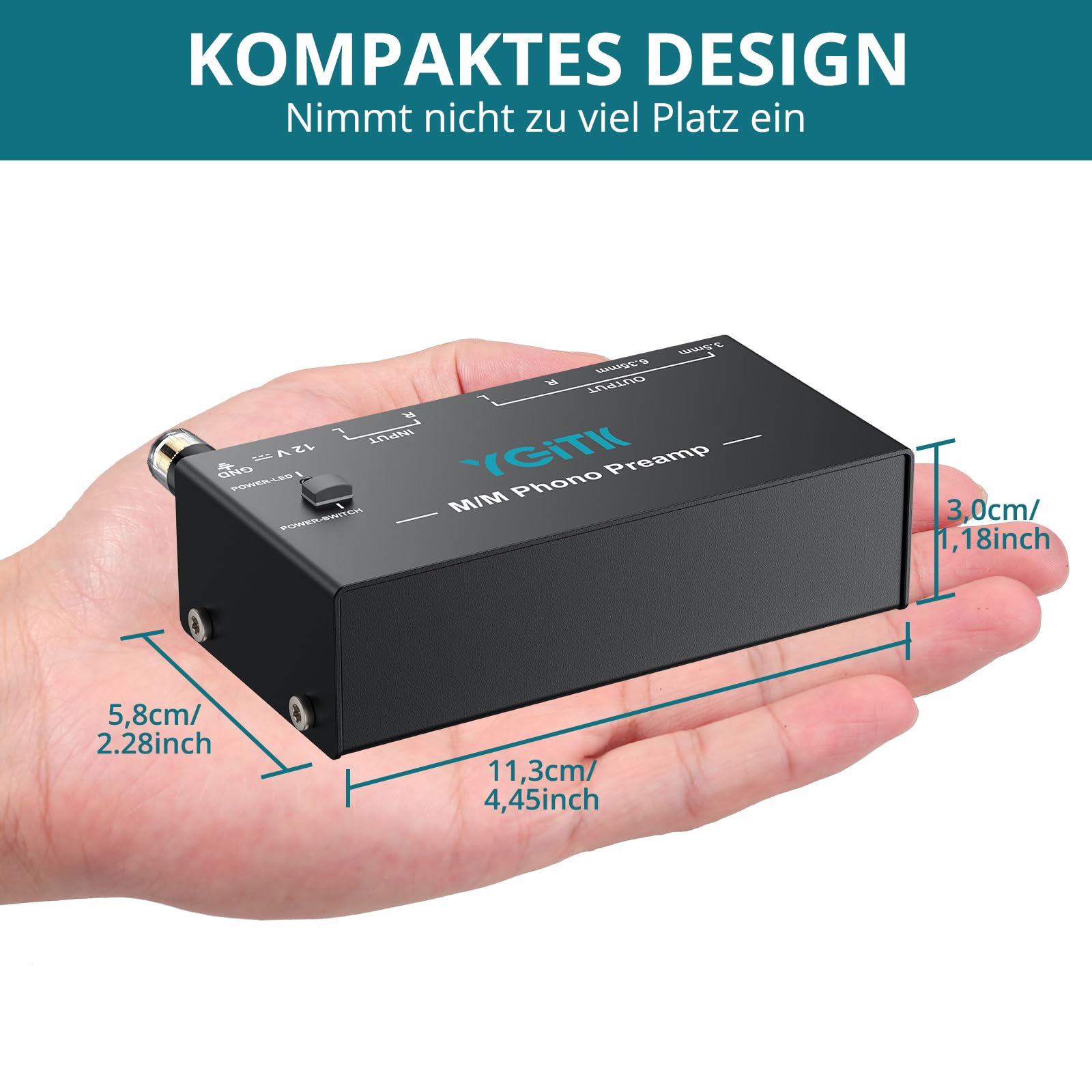 Vorverstärker für Plattenspieler | M/M Phono-Vorverstärker mit Netzschalter | RCA Input & Output Interfaces | DC-12V Zertifiziertes Netzteil | Wenig-Lärm Betrieb | Kompaktes Gehäuse