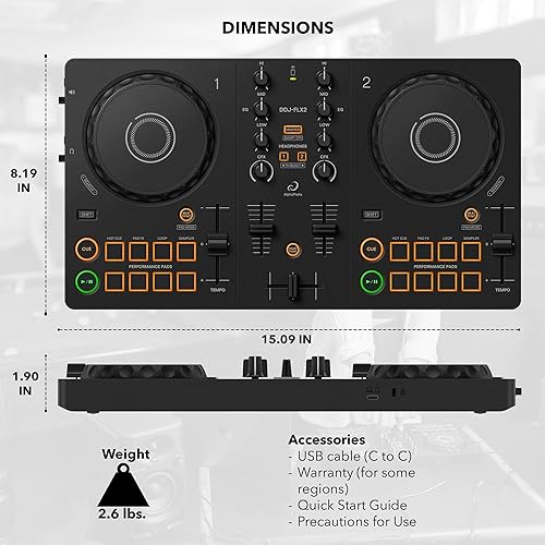 Miniatura 7 de Pioneer DJ AlphaTheta DDJ-FLX2 Paquete de controlador DJ compacto de 2 canales con estuche, cable para instrumentos y paño de pulido Austin Bazaar