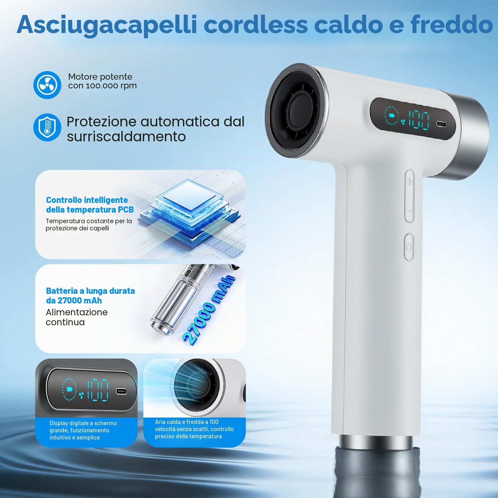 Asciugacapelli da viaggio professionale con batteria da 27000 mAh - Asciugacapelli senza fili con 100 temperature e velocità Asciugacapelli portatile display digitale campeggio, viaggi, hotel, Bianco