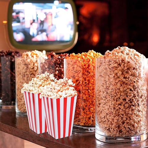 Miniatura 5 de SaPeal Cajas de palomitas de maíz, bolsas de papel para palomitas de maíz, color blanco y rojo a rayas, paquete de 24