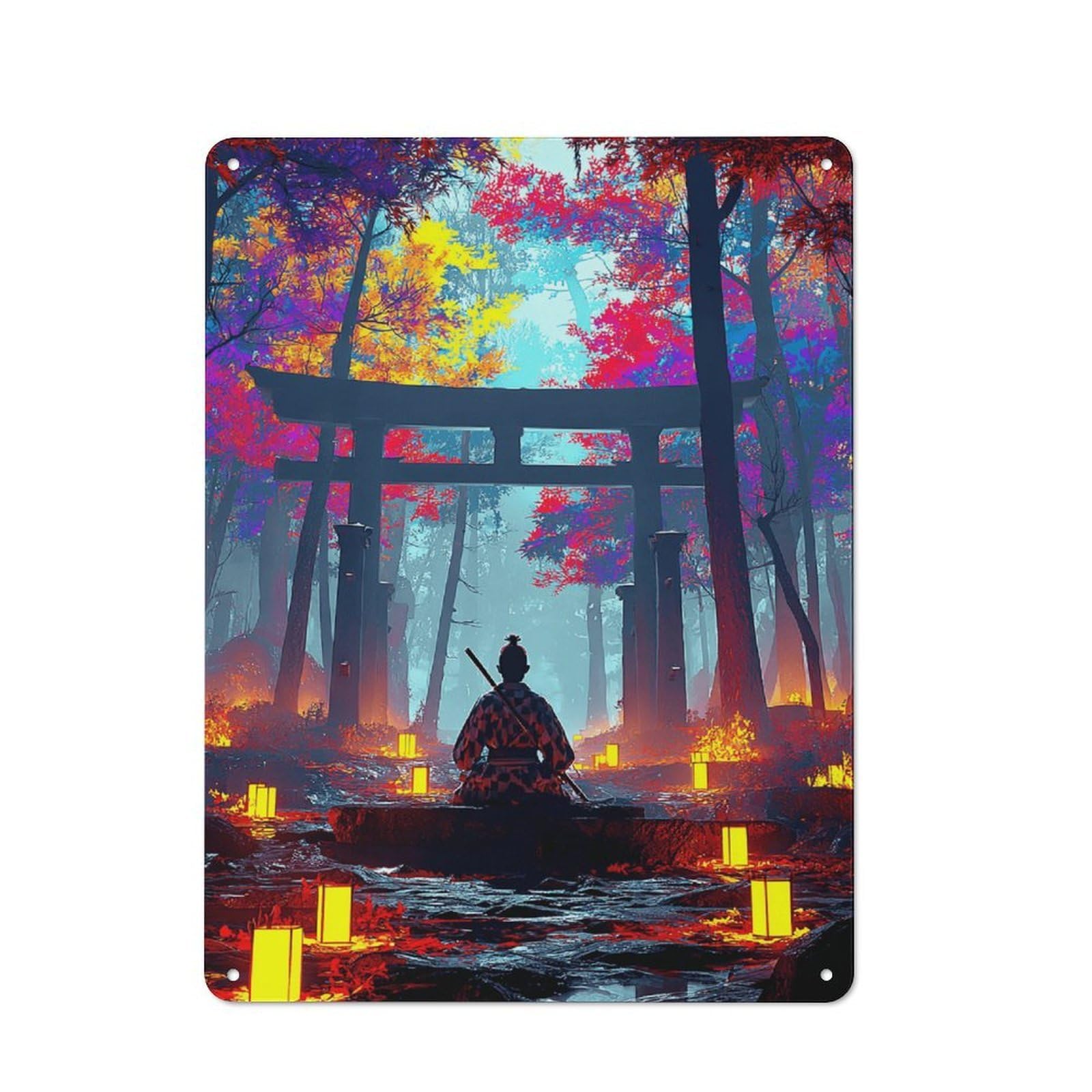 Japanese Torii Gate in Autumn Forest Industrial-style Tin Sign 40x30cm for Living Room Wall, for Metal Sign Collectors, for Garage And Workshop Walls