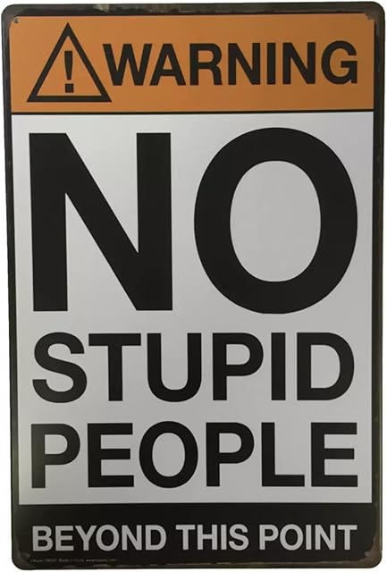 Tin Sign Warning No Stupid People Beyond This Point Metal Novelty Retro Vintage Wall Plaque 20x30cm Decorative Sign - Ideal for Pub Bar Office Home Bedroom Dining Room Kitchen