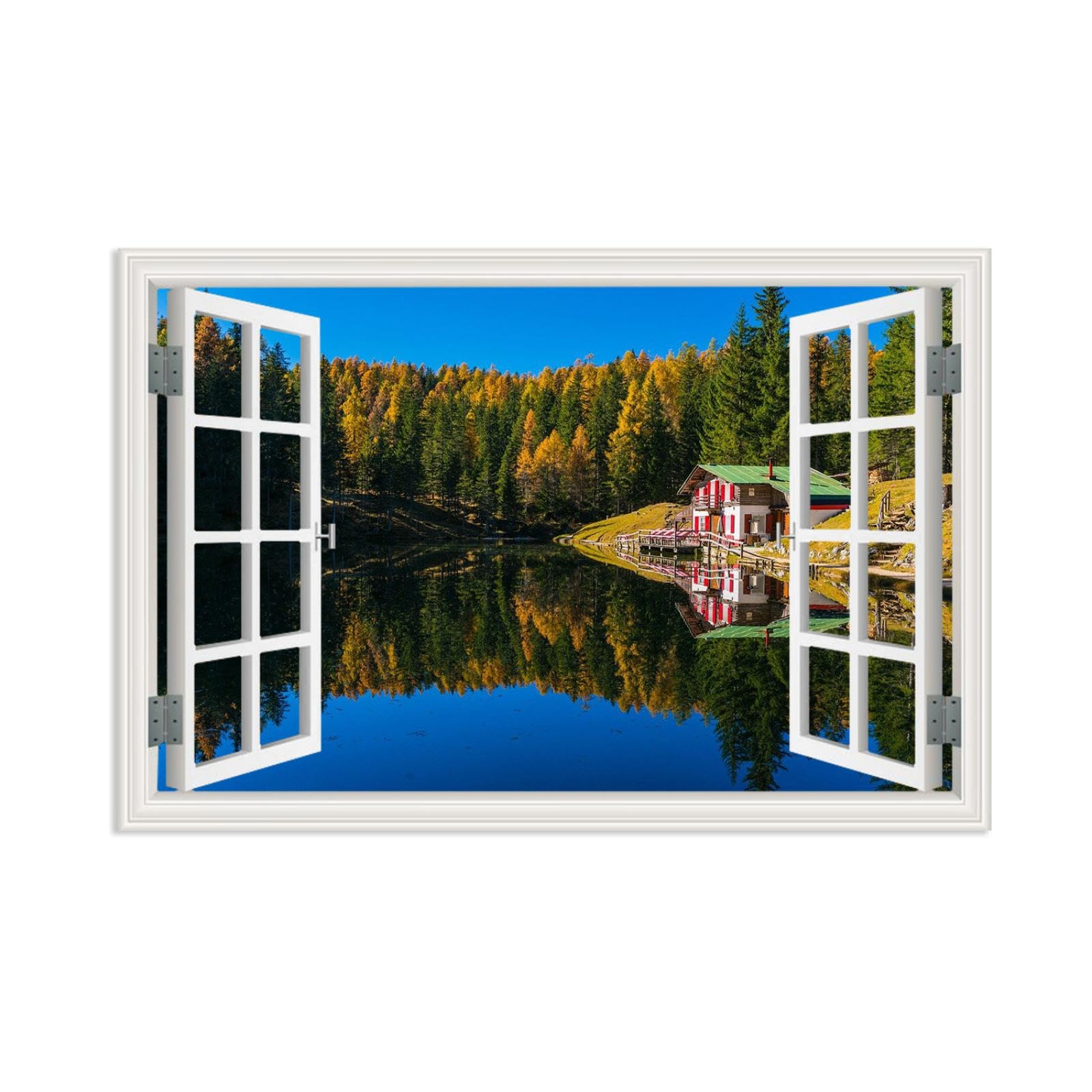 MOBYAT Waterfall Window Mural,Autumn forest farmhouse lake shore,Open Window Forest Poster,Nature Landscape Window View Canvas Wall Art Framed Art Print90x60cm(35x24in) poster