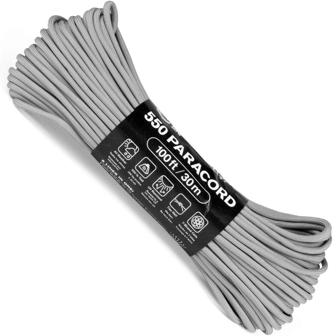 Atwood Rope MFG 550 Paracord 100 Feet 7-Strand Core Parachute Cord (Grey)